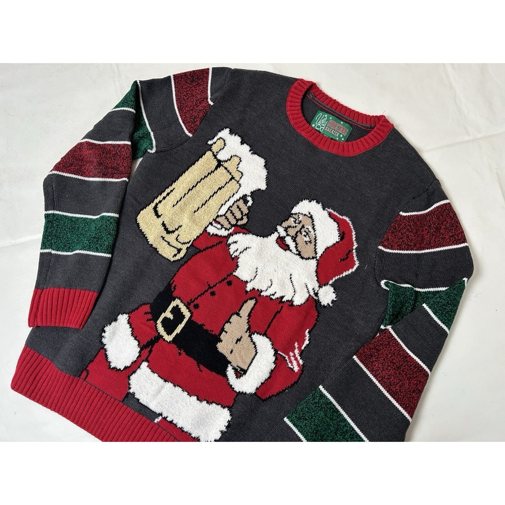 Ugly Christmas Sweater Holiday Knit Pullover Santa & Beer Stein Men's Small
